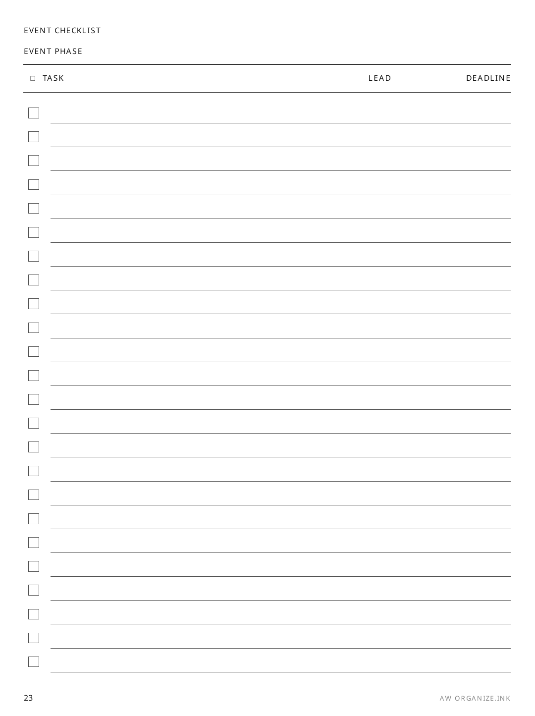 Event Checklist rendered page