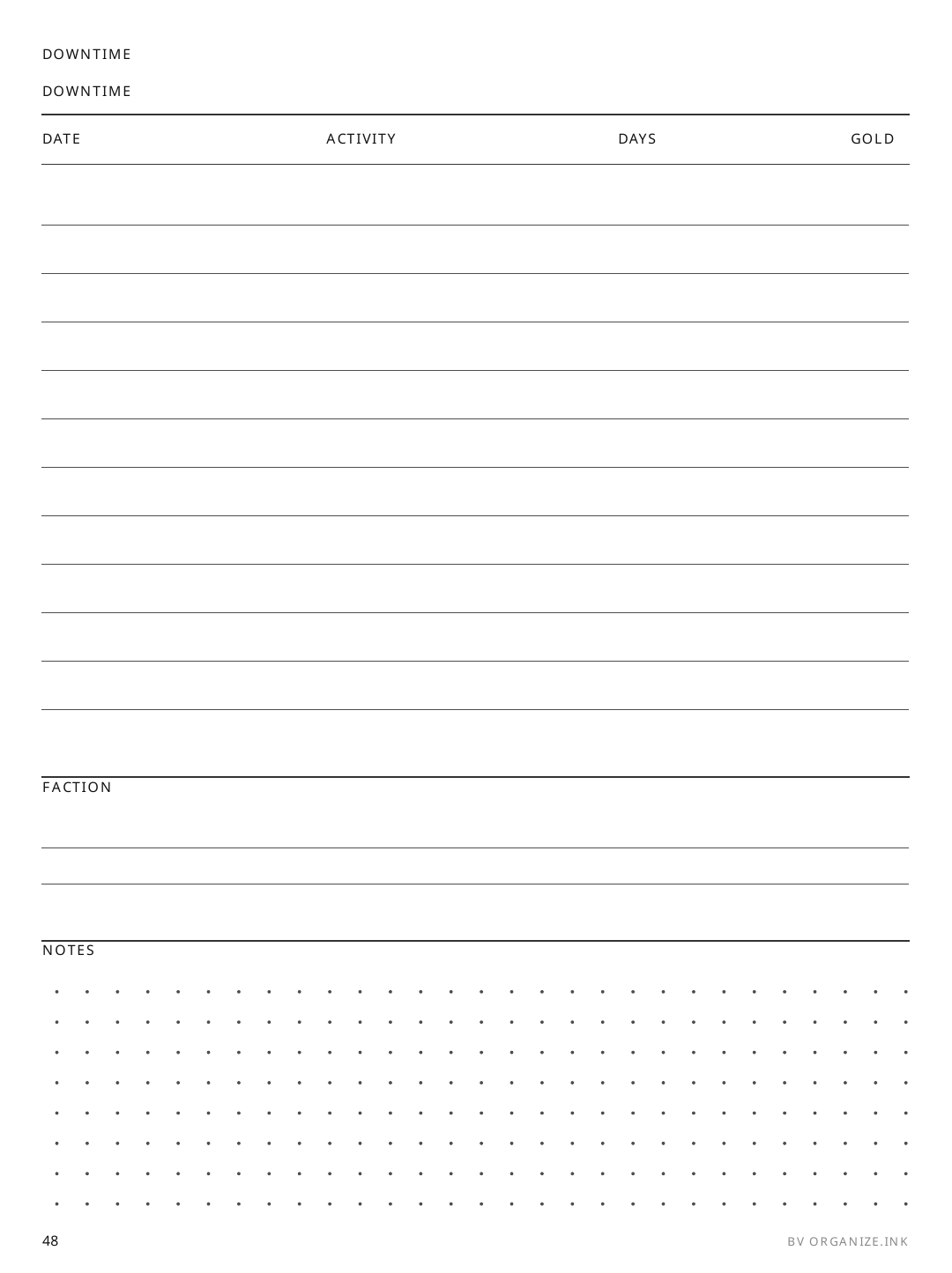 D&D Downtime Log rendered page