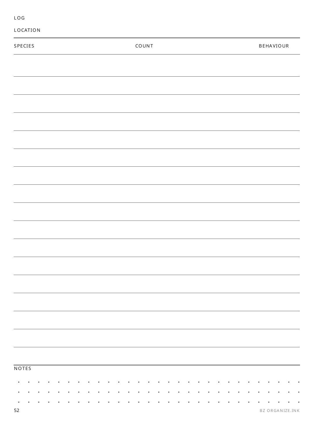 Birdwatching Log rendered page