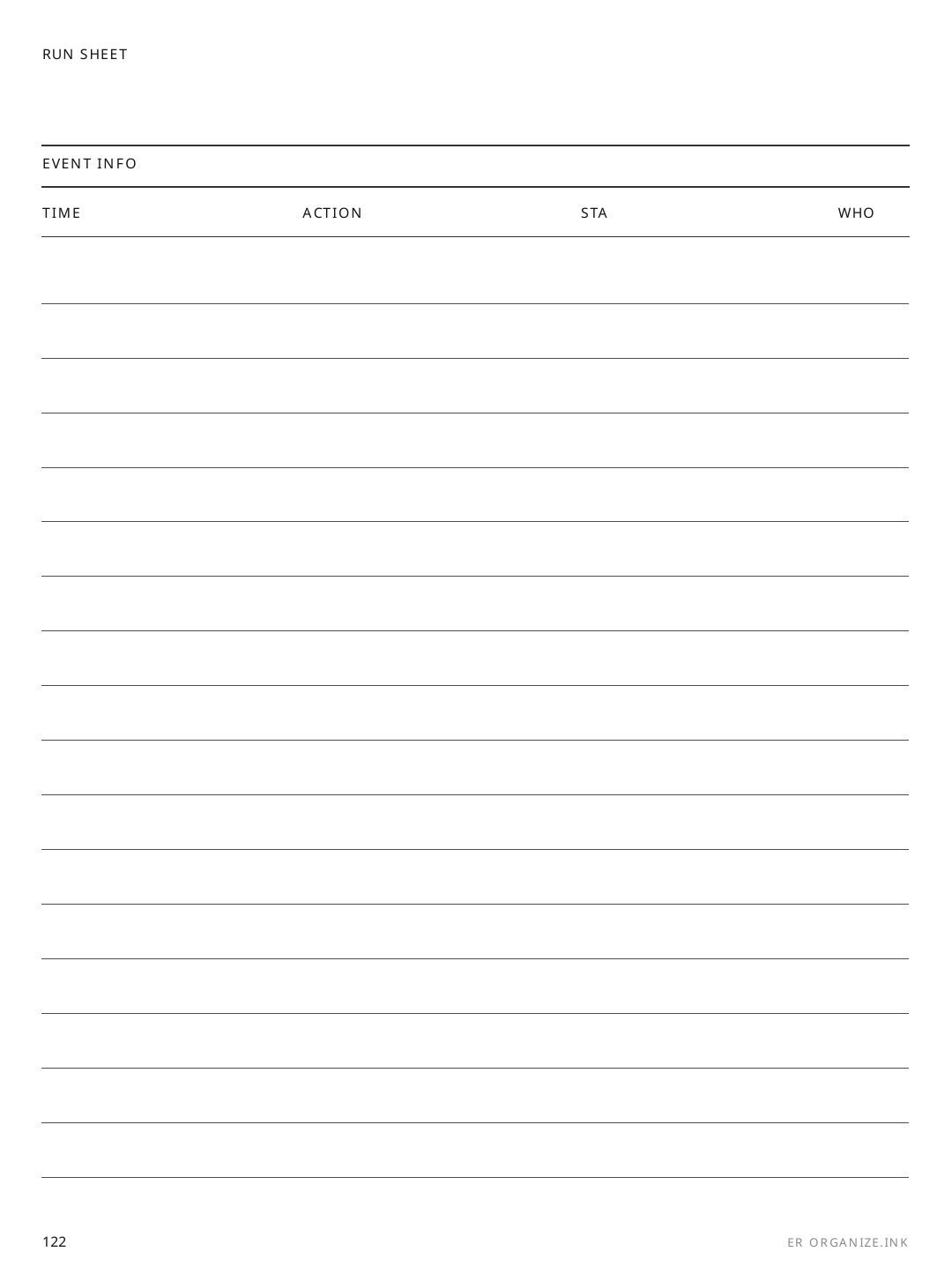 Event Run Sheet rendered page