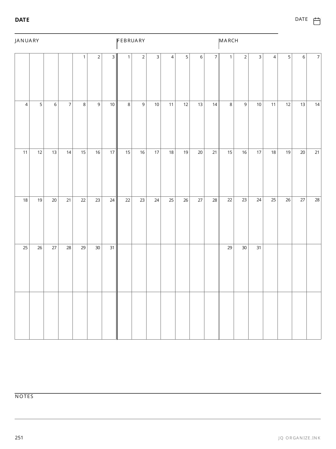 Dated Quarterly Calendar rendered page