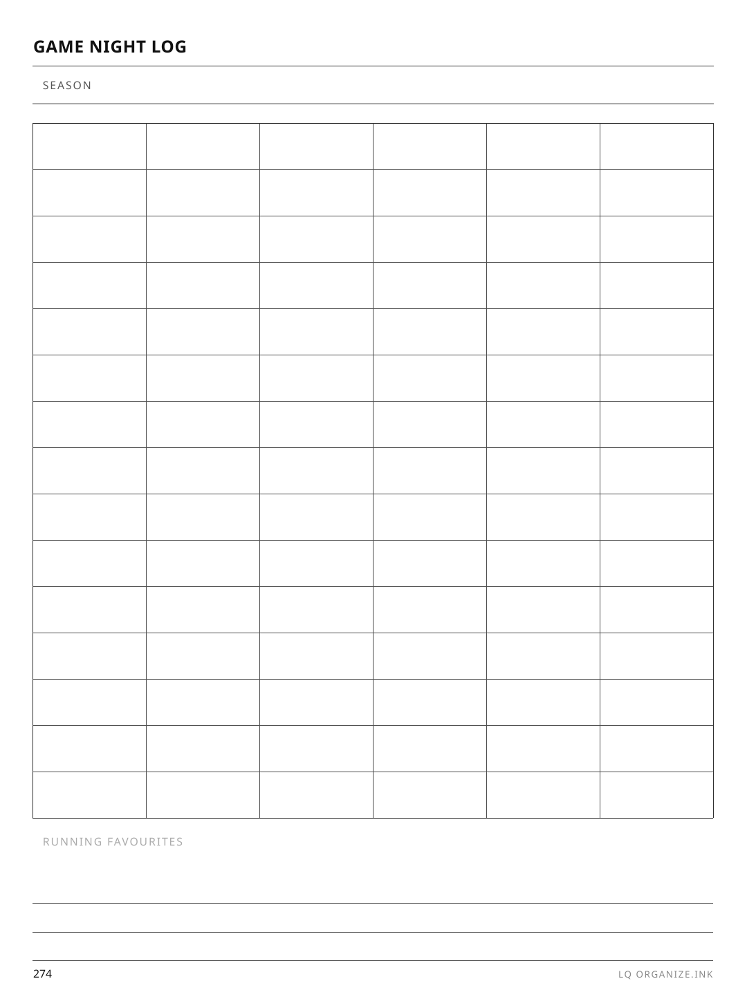 Game Night Log rendered page