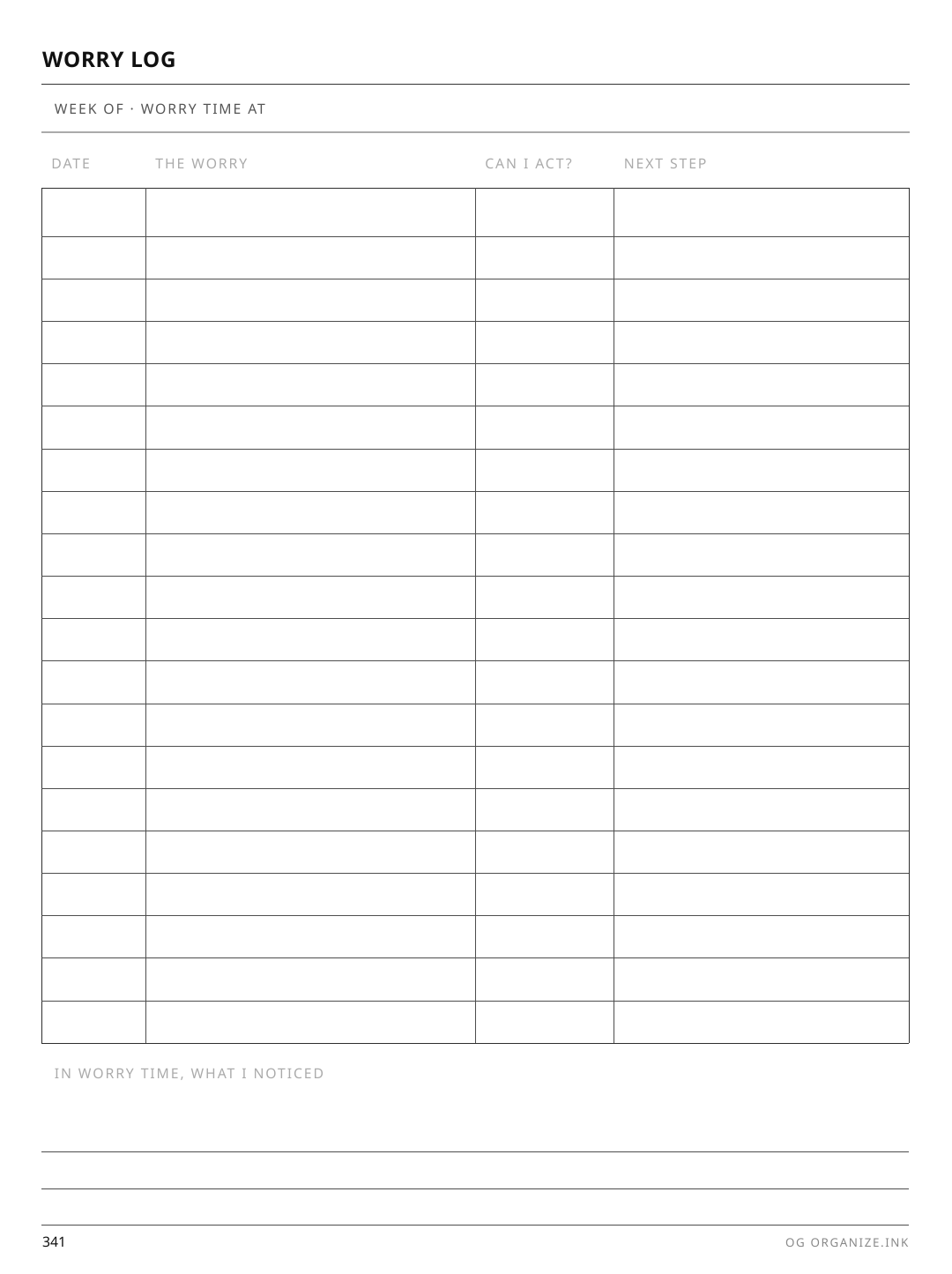 Worry Log rendered page