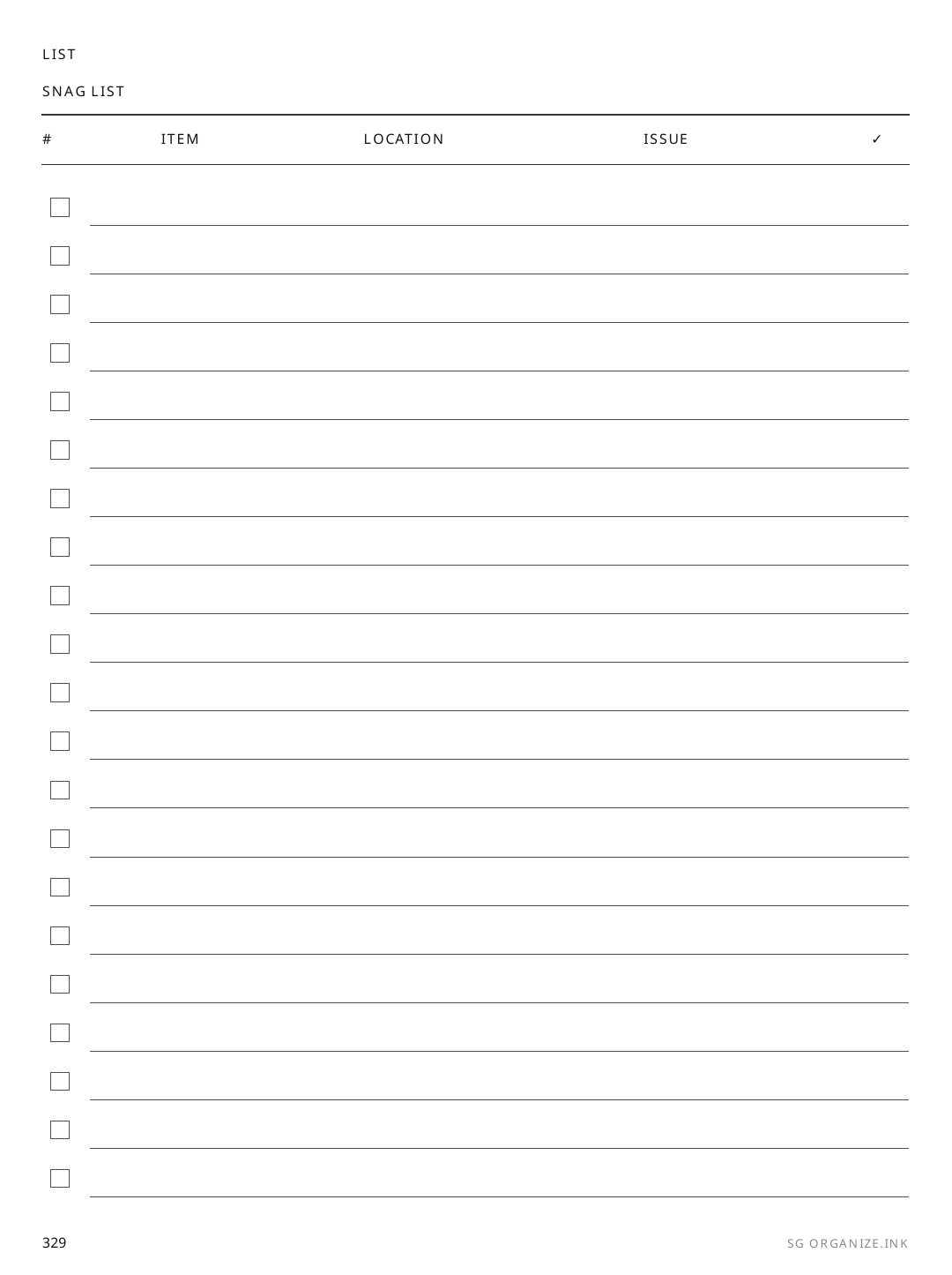Snagging List rendered page